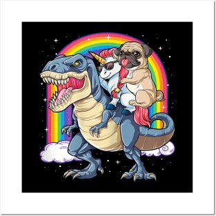 Pug Unicorn Dinosaur T Rex Kids Girls Women Rainbow Posters and Art